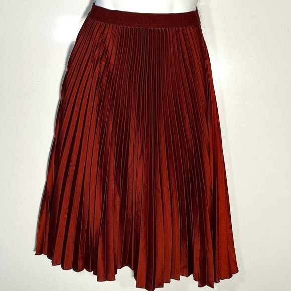 H&M SZ10 Dark Rust Pleated Midi Skirt Modern Minimalist Monochrome Sophisticated - Picture 6 of 11